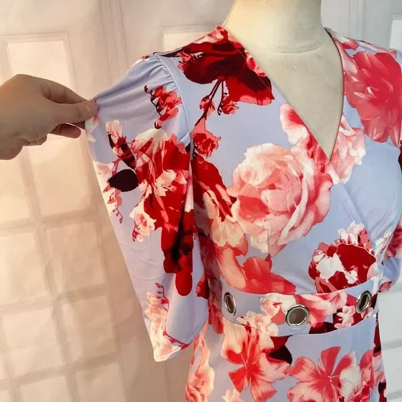 Venus light blue floral short puff sleeve grommet cutout waist summer party dres - Picture 5 of 13